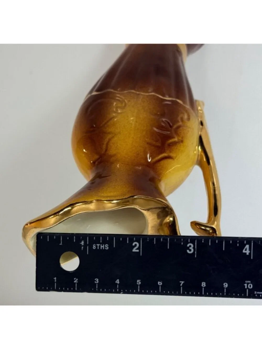 Vintage Mini Bud Vase 23K Gold Ceramic Ewer Pitcher Brown Amber Floral
